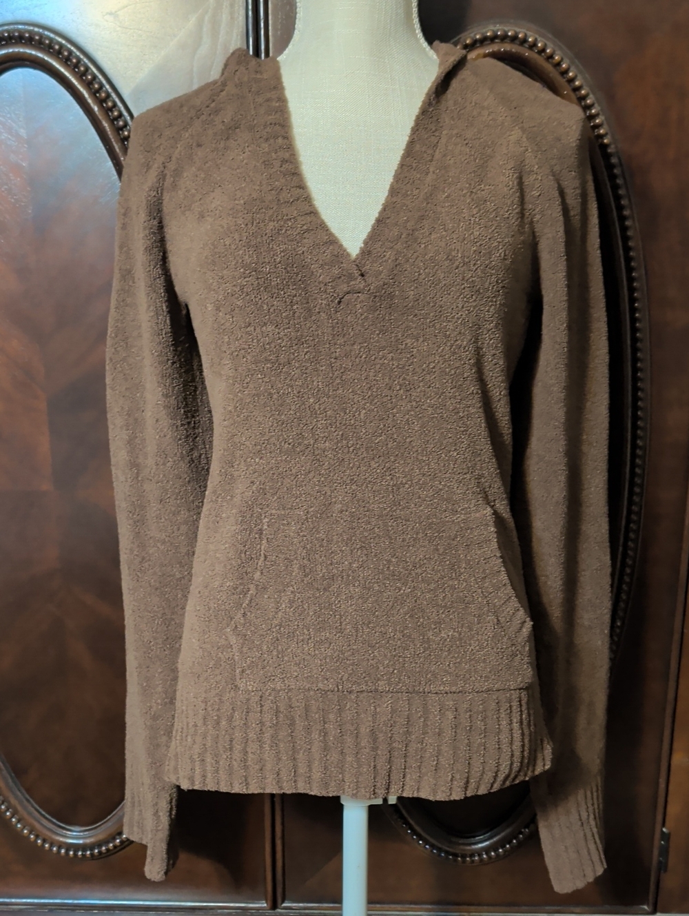 Cozy Cabincore Goblincore Chocolate Brown V-neck Hooded Sweater Size M